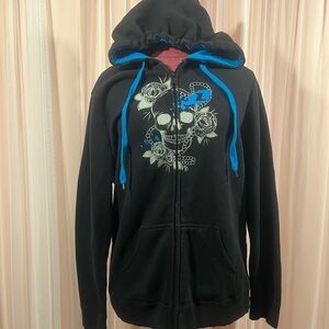 One Industries Black Zip Hoodie with Skull & Rose Graphic and Blue Accents